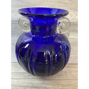 Hand Blown Glass Vase with Applied Handles Cobalt Blue 8"
